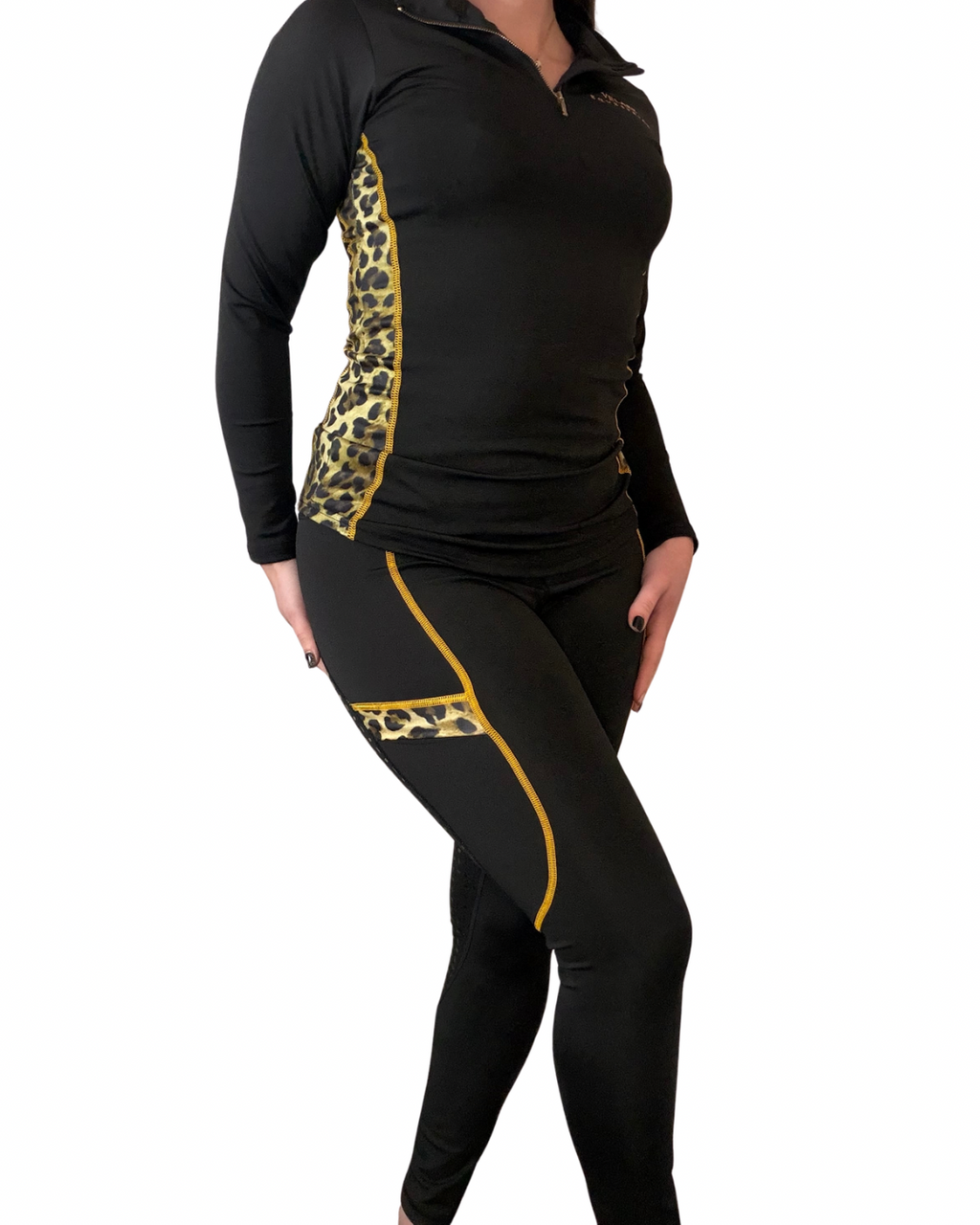 Leopard Riding Leggings - Black with Brown Leopard Print